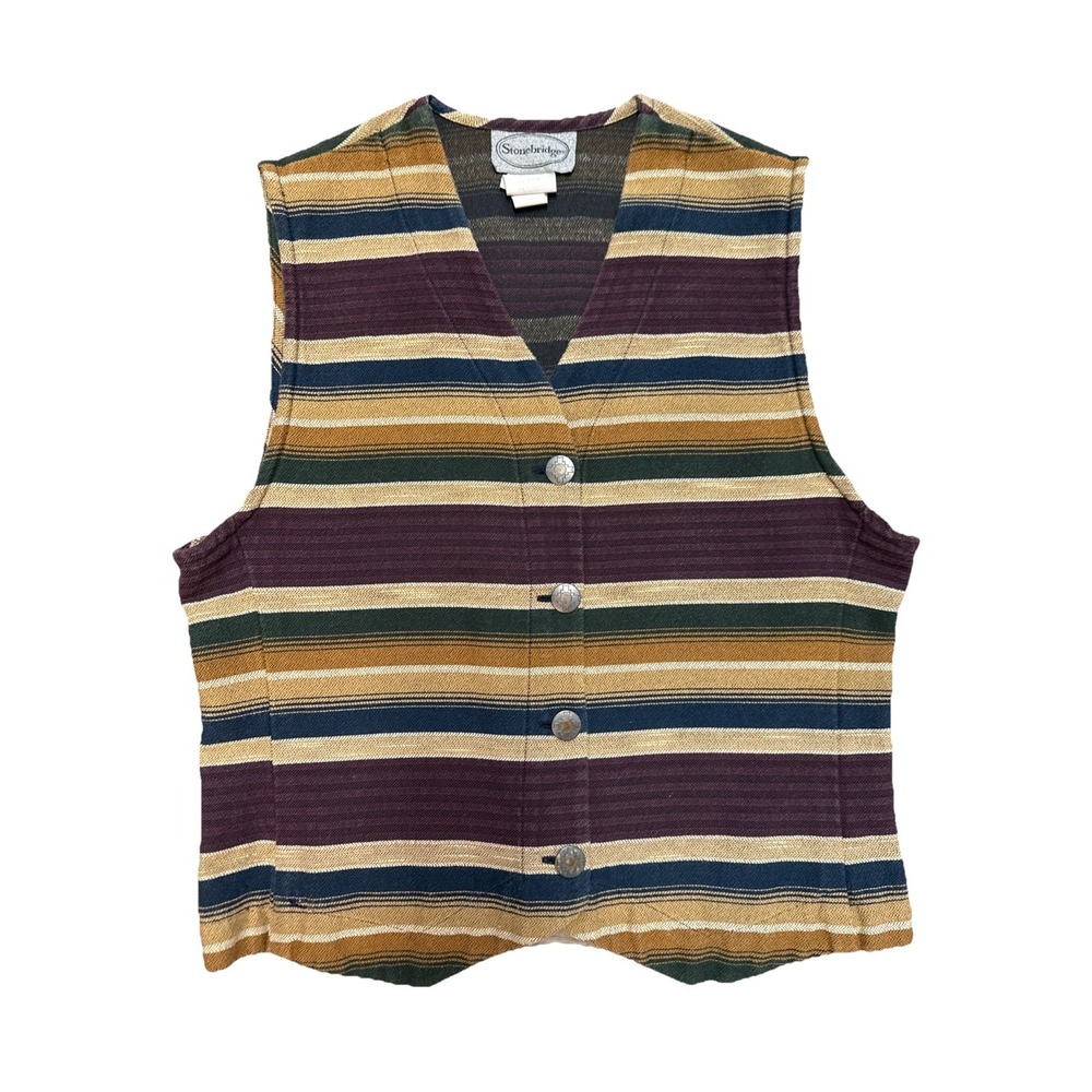 Stoneridge Striped Button Front Vest in Burgundy/Gold/Green
